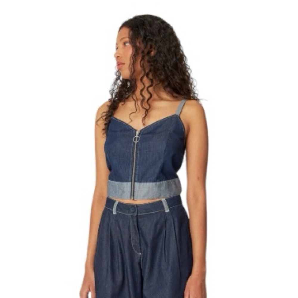 NWT SKFK Izaia Denim Bustier Crop Top Organic Cotton Zip Front EU 38 US 6